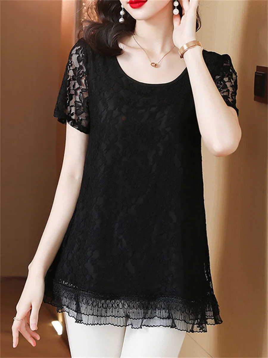 4XL Women Spring Summer Blouses Shirts Lady Fashion Casual Short Sleeve O-Neck Sexy Lace Embroidery Blusas Tops TT2093