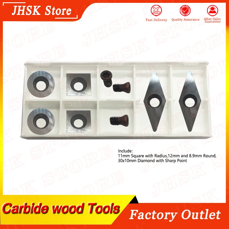 

Tungsten Carbide Cutters Inserts Set for Wood Lathe Turning Tools 11mm Square with Radius,12mm and 8.9mm Round,30x10mm Diamond