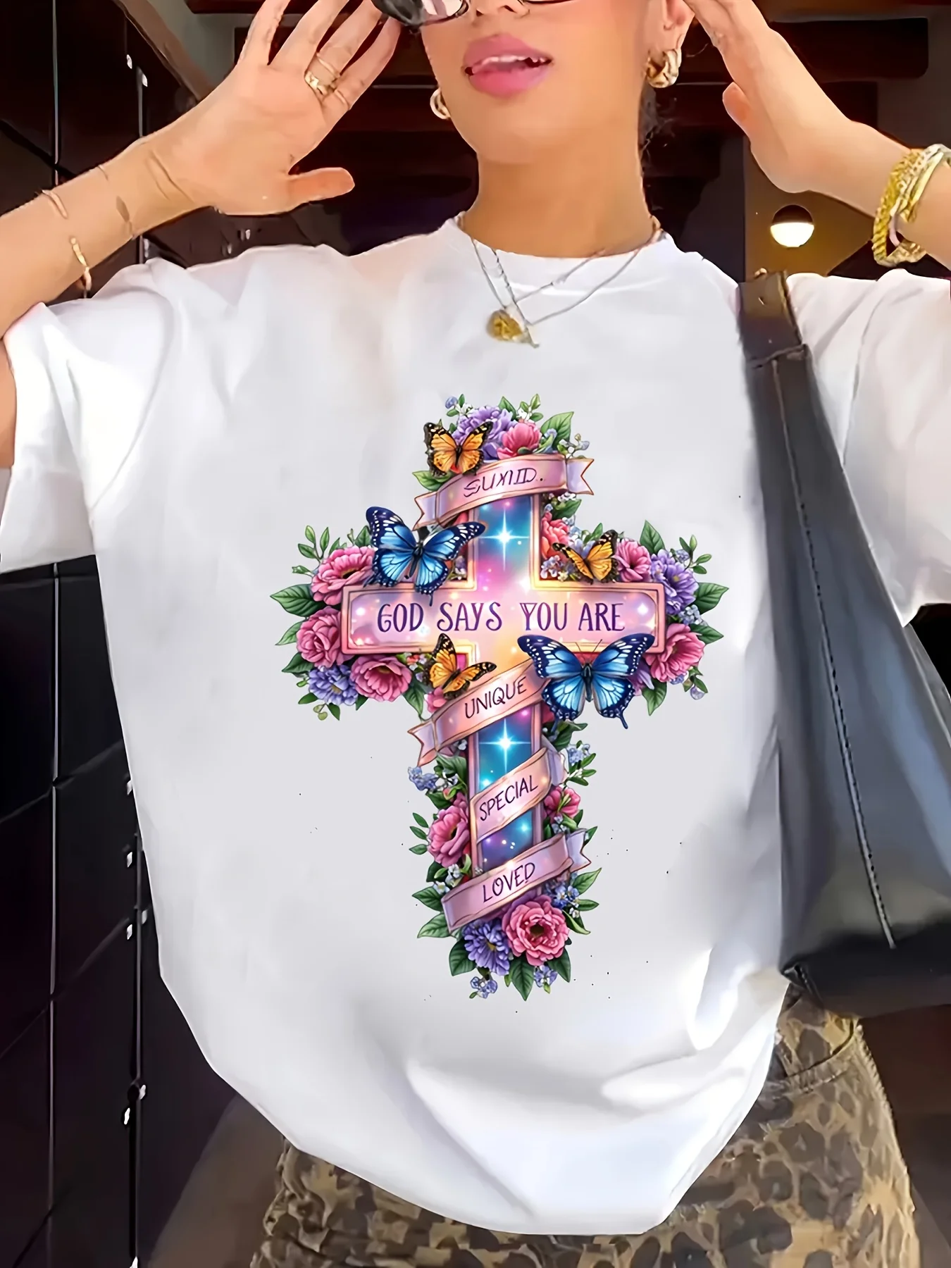 Women'S Christian Faith-Inspired T-Shirt - Floral Butterfly Cross Print With Inspirational Bible Quotes (God Says You Are Loved Special Beautiful) - Breathable Short Sleeve Round Neck Casual Top Comfortable Pullover For Spring & Autumn