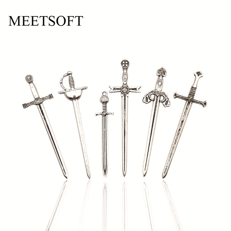 MEETSOFT 3PCS/lot Retro Tibetan Silver Samurai Knife Sword Dagger Pendant Charms of DIY Handmade Making Cosplay Model Wholesale