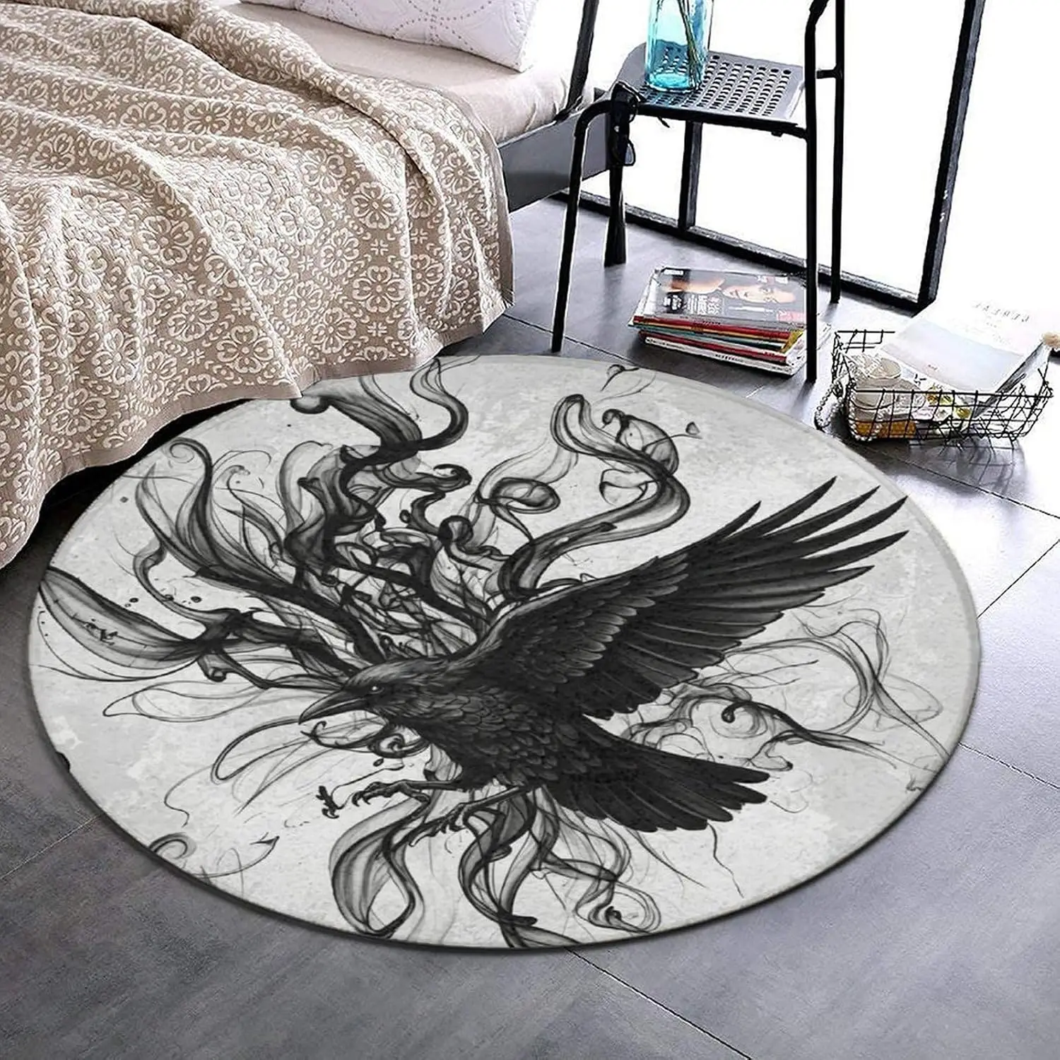 Round Polyester Sponge Bath Mat Pet Carpet Area Rug Black Raven Art Design Illustration Gothic Style Home Decor Gift Accessory