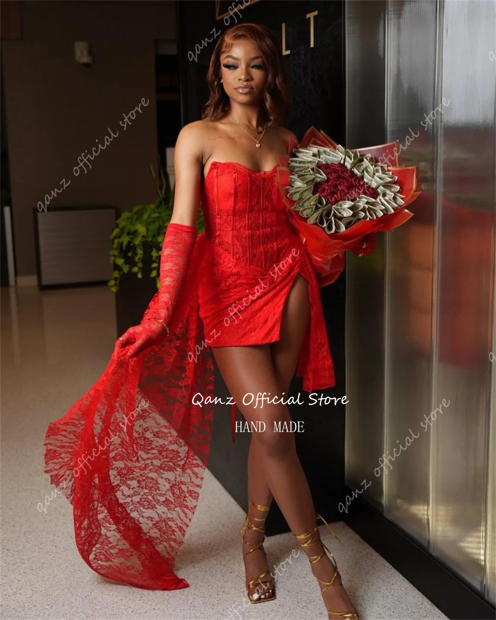 Qanz Red Robe Africaine De Soirée Chic Et élégante Mini Lace Slit Sexy Evening Dresses Long Tail Birthday Dresses Customized