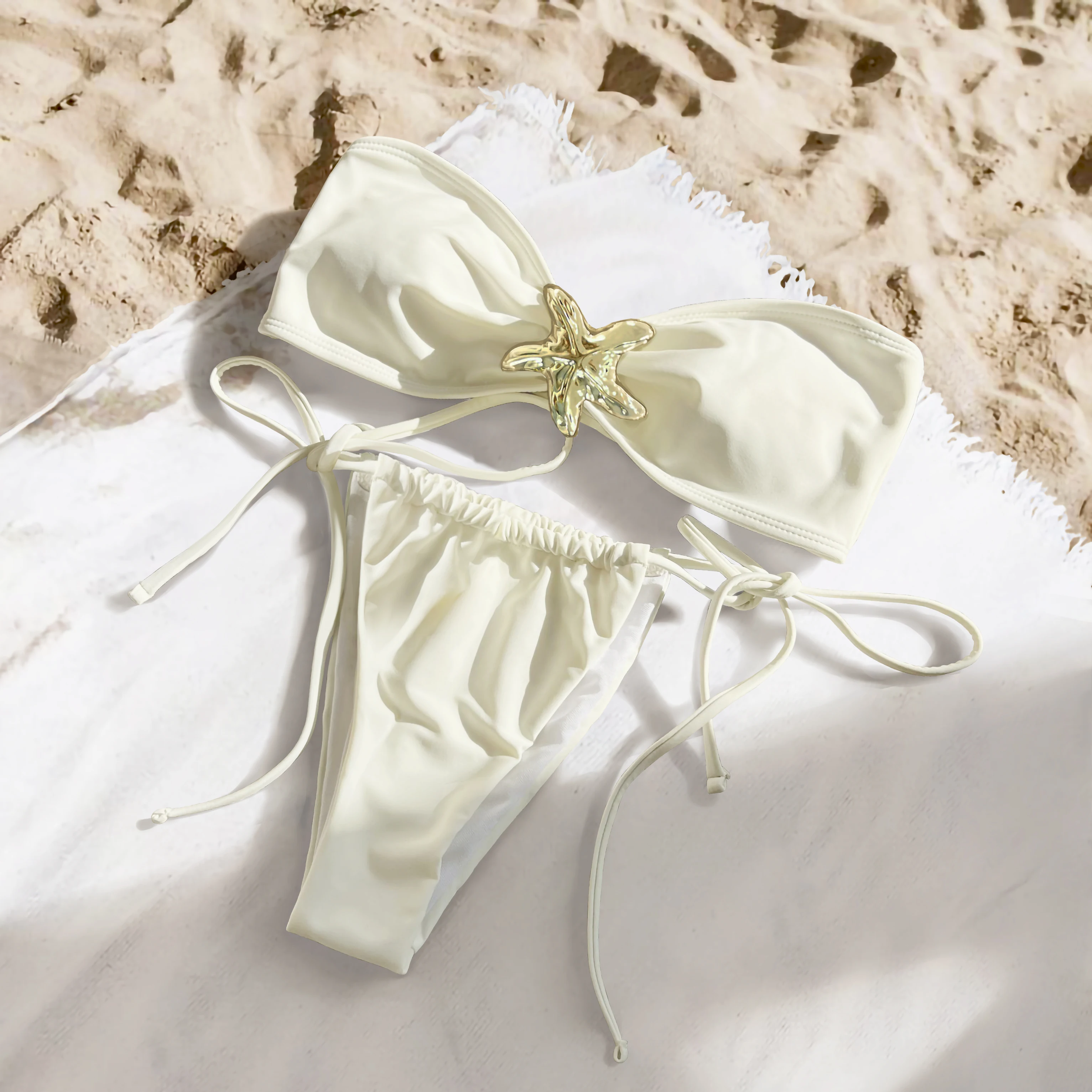 New Arrival Women's White Bikini Swimsuit - Sexy Beachwear with Metallic Starfish Decoration, Adjustable Straps for Perfect Fit