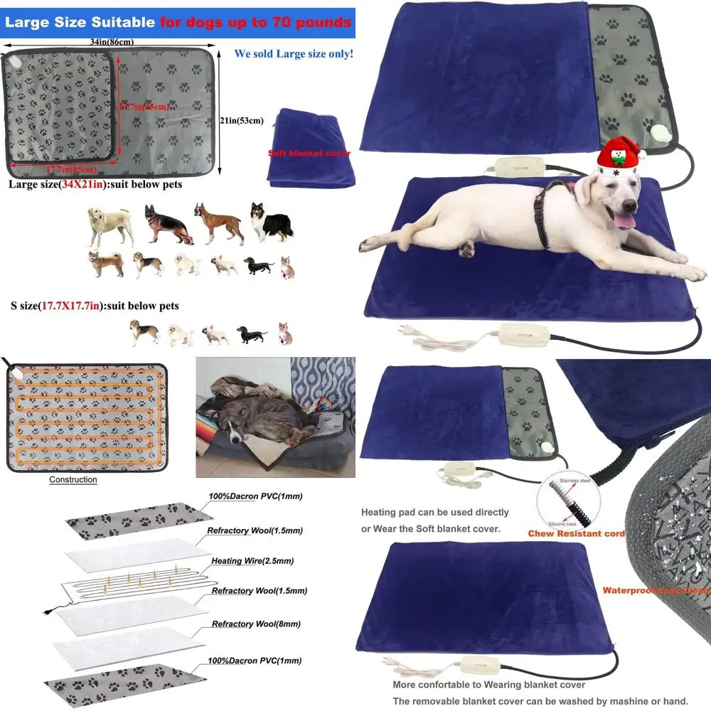 

Pet Heating Pad or Large Dogs & Cats - 34"x21" Waterproo Heated Bed with Chew-Resistant Cord, Adjustable Temperature & Removable