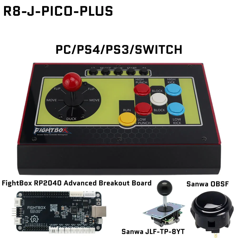 FightBox R8-J Hitbox Style Sanwa Button and 8-Way Joystick Arcade Game Controller RP2040 Advanced Board Inside For PC/PS4/Switch