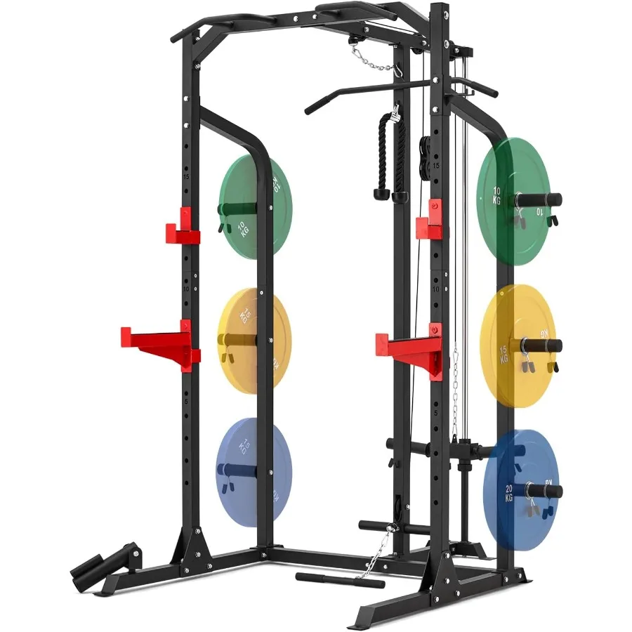 Smith Machine Home Gym con cable cruzado, entrenador todo en uno, jaula de alimentación para entrenamiento de fuerza en acero negro con ajustable