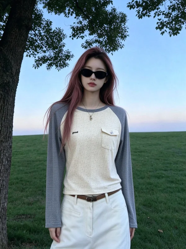 Korean Style Contrast Color Floral Striped Shoulder Insert Long Sleeve T-Shirt Women's Autumn High Intelligence Small Capital...