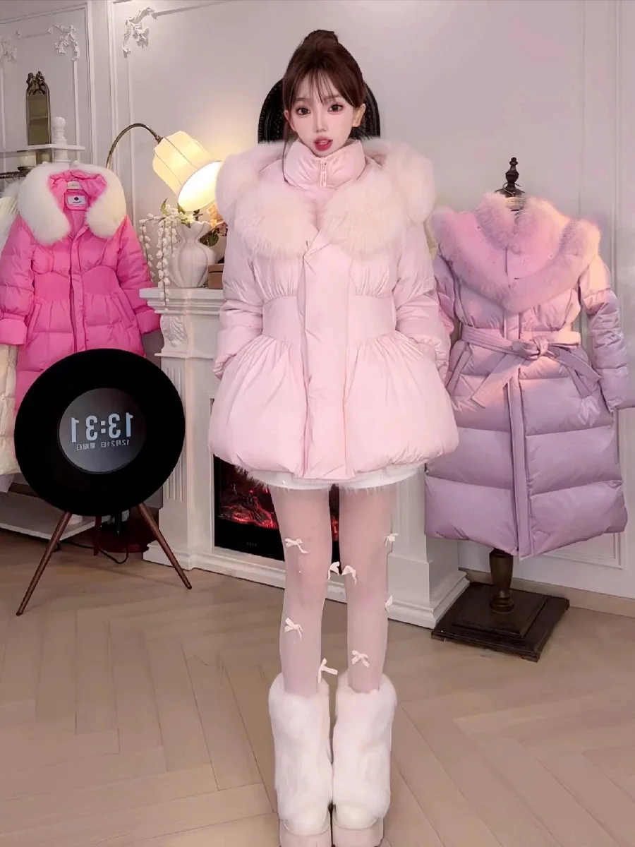 

Slimming White Du down Jaet Korean Sle Hat with Fur Collar Winter Faionable Outerwear for Women Sweet Sle Loose Fit