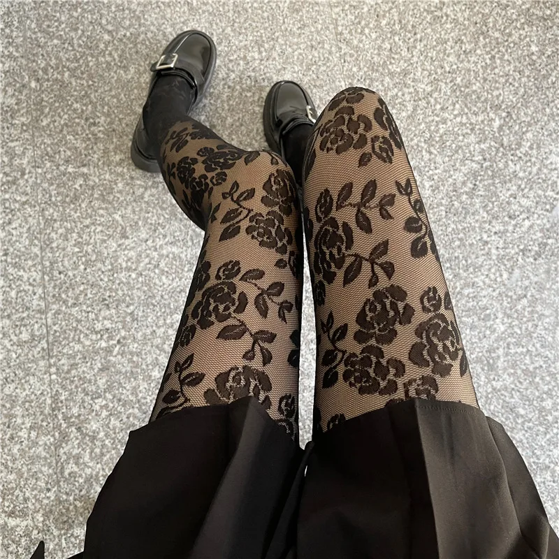 2022 New Vintage Rose Tights Feminine Lace Jacquard Tights Thin Anti-hook Silk Black Tights