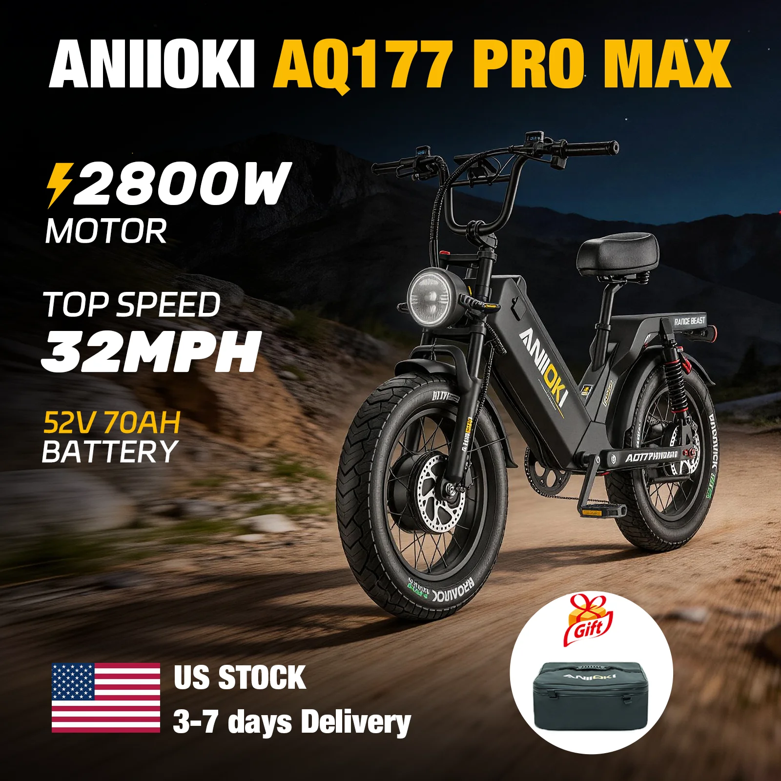 

Aniioki Ebike dual Motor 2800W 52V 70Ah Electric Bicycl 32mph Long battery life aniioki AQ177 pro max Adult E Bike
