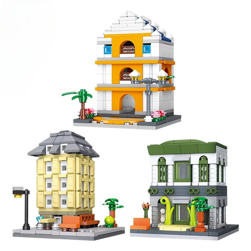 School Bank Library Model Building Blocks Street Scene Small Particles Children's Assembled Toys Model Ornaments Holiday Gift