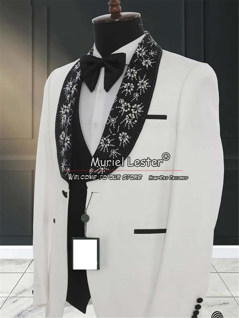 Ivory Groom Wear Wedding Suits Black Shawl Lapel Blazer Vest Pants 3 Pieces Formal Man Tuxedos Bespoke Pearls Prom Blazer Sets