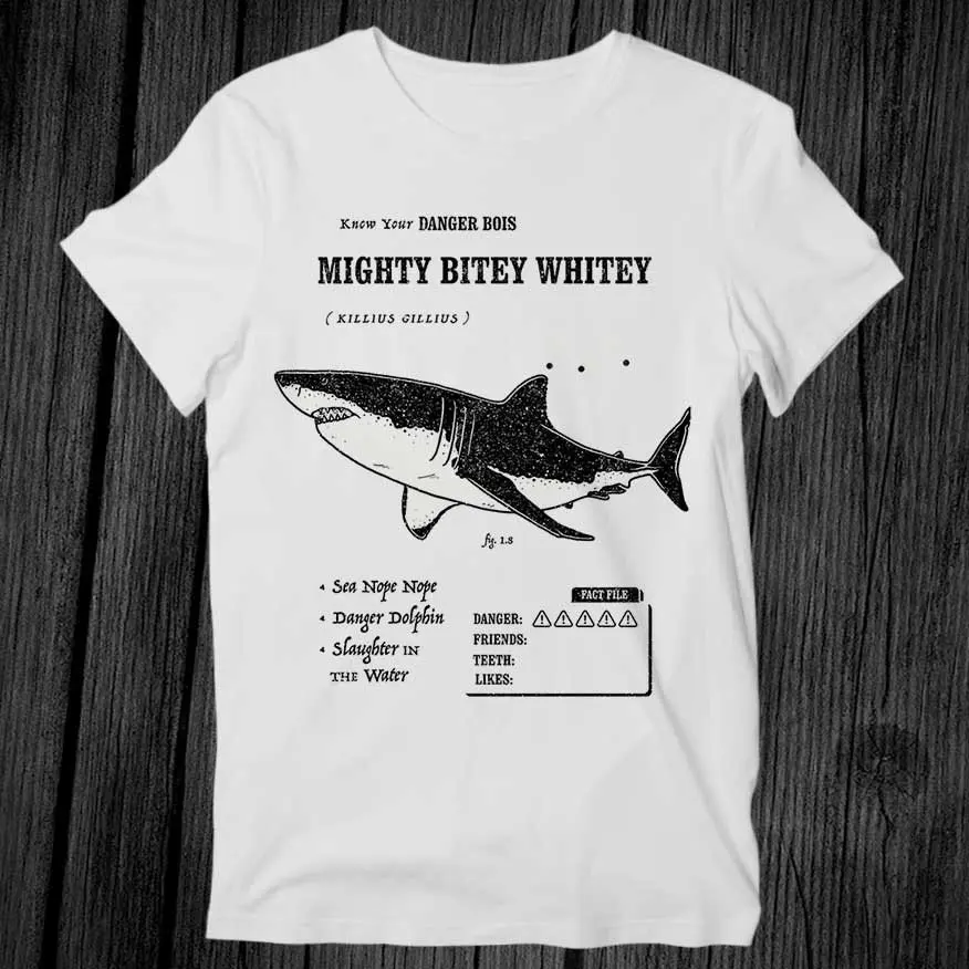 Fashion Dangerous Shark Mighty Bitey Whitey T Shirt Unisex Adult Mens Womens Gift Cool Music Fashion Top Vintage Retro Men Tee