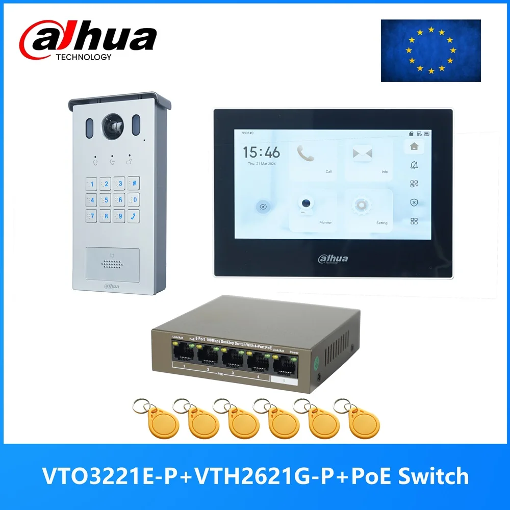 

Dahua Multi-Language IP Video Intercom KIT,VTO3221E-P & VTH2621GW-P / VTH2621G-P & PoE switch,support SIP, Password code unlock