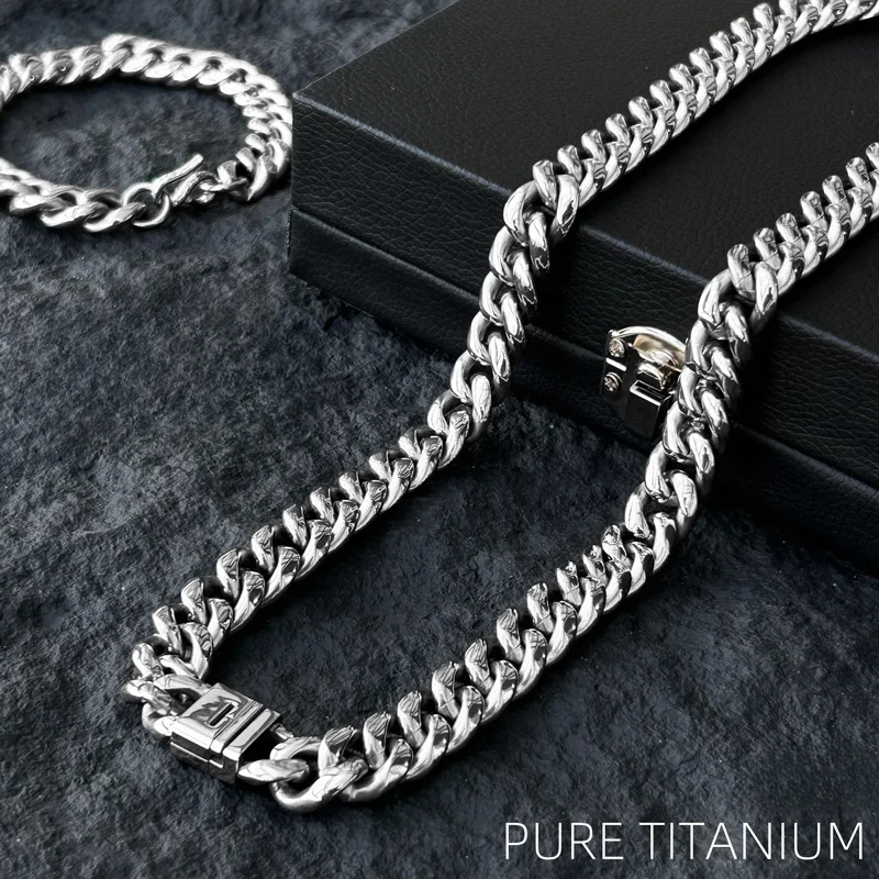 Ultra-Lightweight Non-Allergic Pure Titanium Cuban Chain Necklace and Bracelet Thick Encryption14mm Wide Bracelet for Men Women