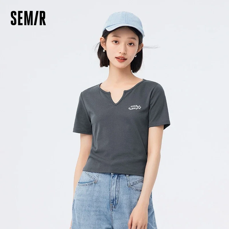 Semir Short-sleeved T-shirt Women Short Tight Casual 2023 New Summer Embroidered Pullover Versatile T-shirt