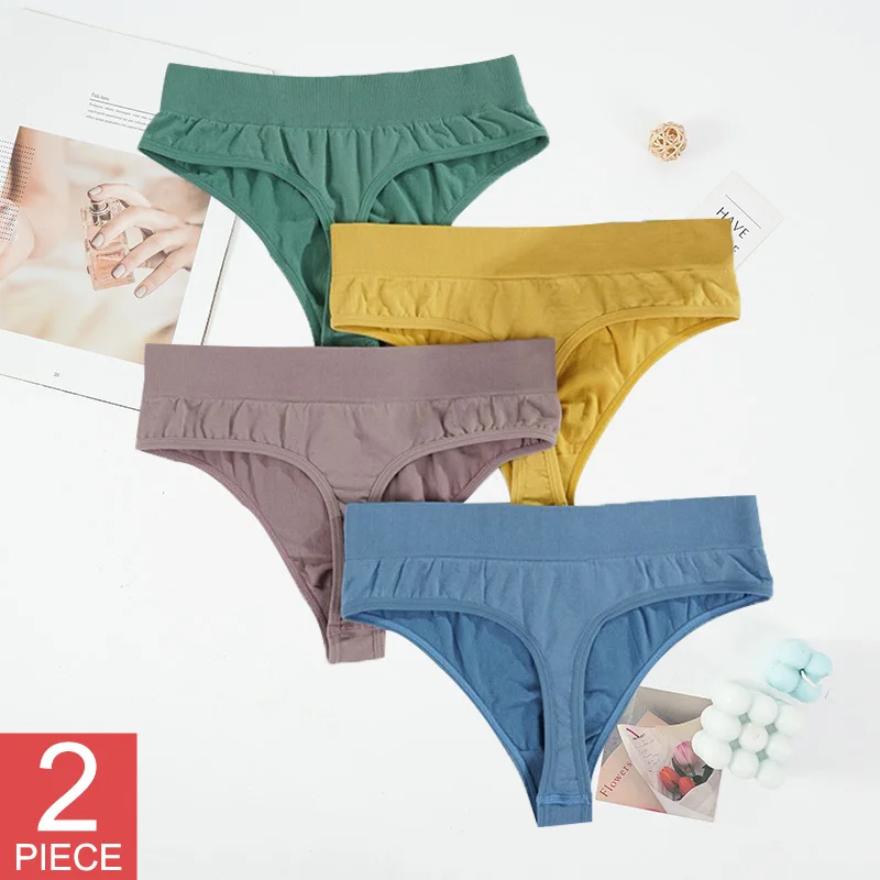 Celana Dalam Thong Wanita G-String Celana Dalam Wanita Ramping Warna Solid T-back Lingerie Wanita High-Rise Skin-Friendly Thong 2 Buah/Set