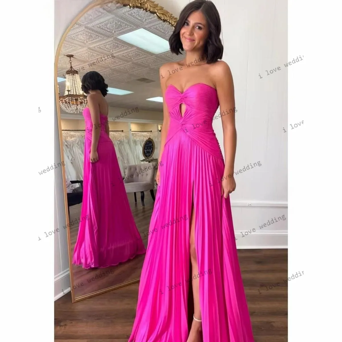 

Hot Pink Strapless Prom Dresses 2025 A-Line Elegant Women Party Dress Pleated Evening Dresses Cut-Out Sweep Train Customized