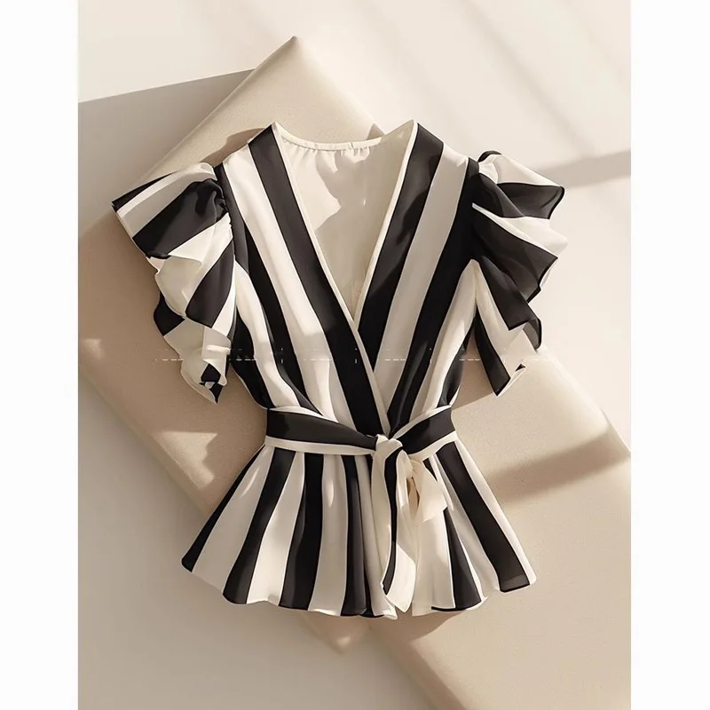 Black White Striped Ruffles Shirt Tops Summer New Temperament Lacing Loose All-match Short Blouse Elegant Vintage Women Clothing