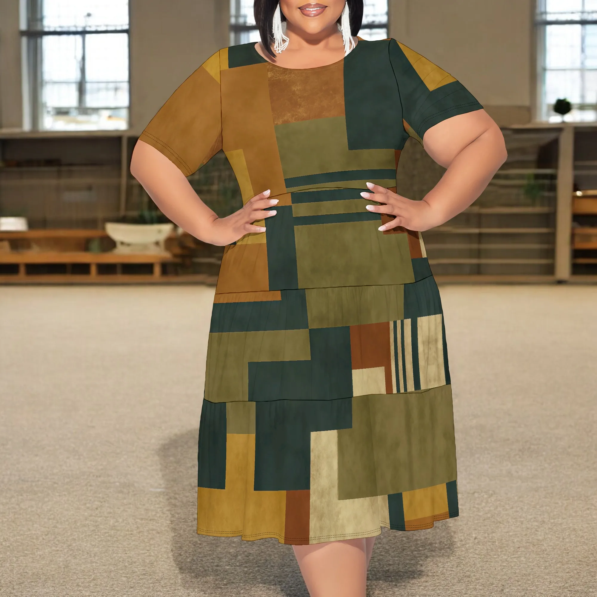 

Women Plus Size Geometric Print Dress Casual Short Sleeve Patchwork A-Line Vintage Dresses XL-6XL