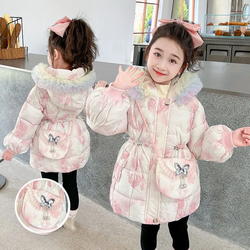 

Милая кружевная шапка для девочек, хлопковое пальто принцессы, новое зимнее детское флисовое утолщенное хлопковое пальто среднего и длинного размера Tide 2025