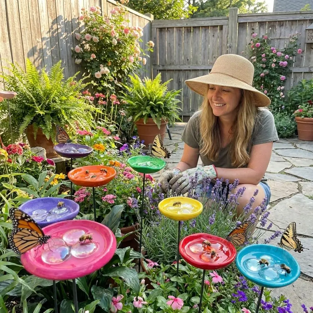 Metal Flower Bee Watering Station Water Dispenser Ground Insert Butterfly Mixer Rust-resistant Colorful Stakes Bird Feeding Cup