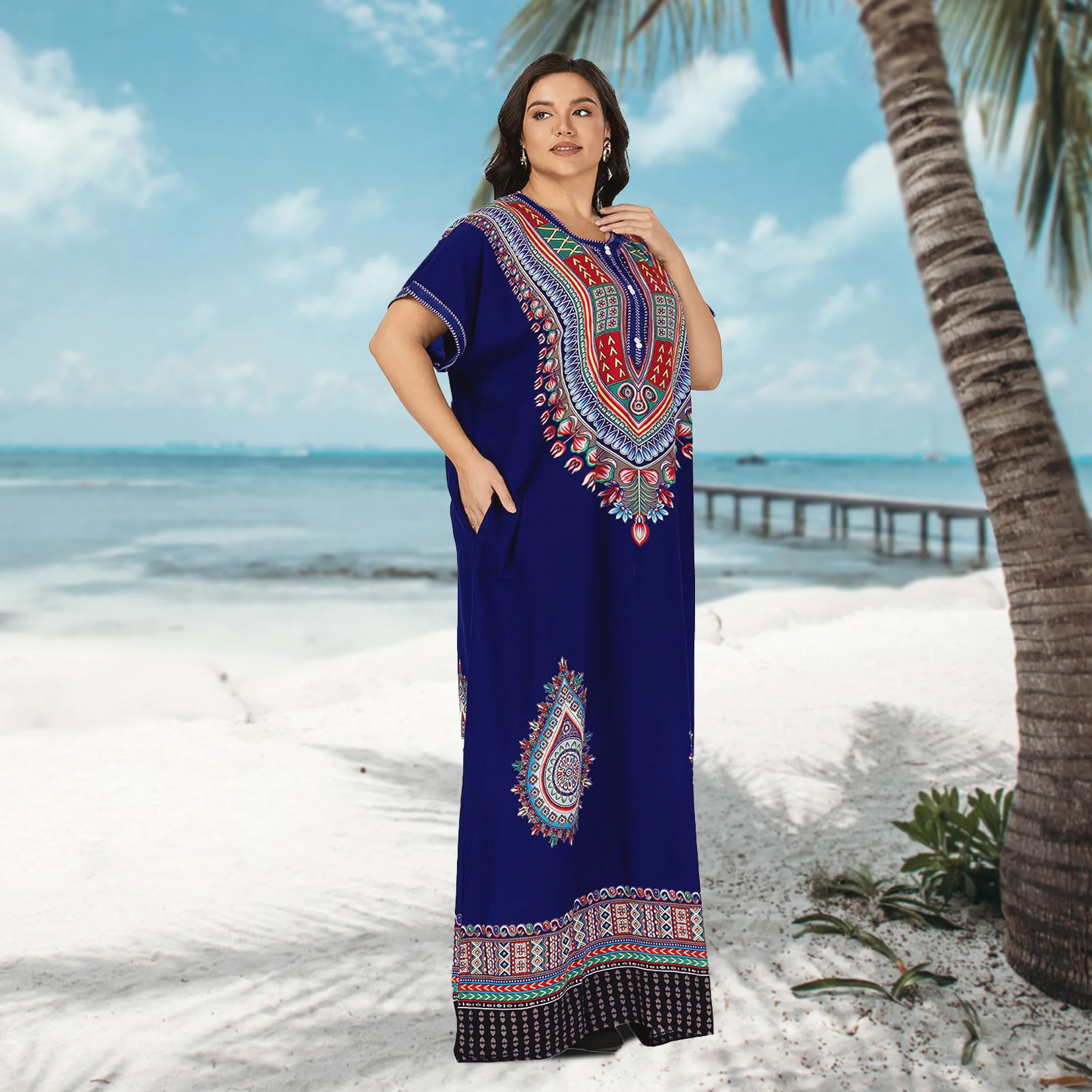 Plus size Moroccan Traditional Dress cotton kaftan beach home dashiki abaya Short Sleeve Cover up African Dresses For Women