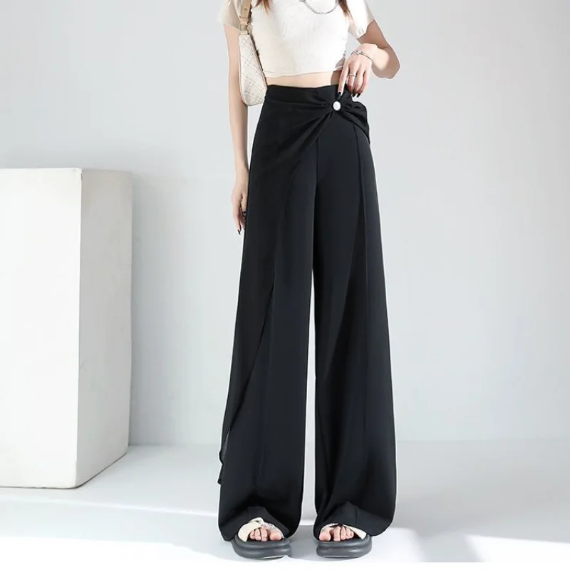 뉴 스타일 수트 패치워크 하이웨이스트 와이드 레그 캐주얼 팬츠