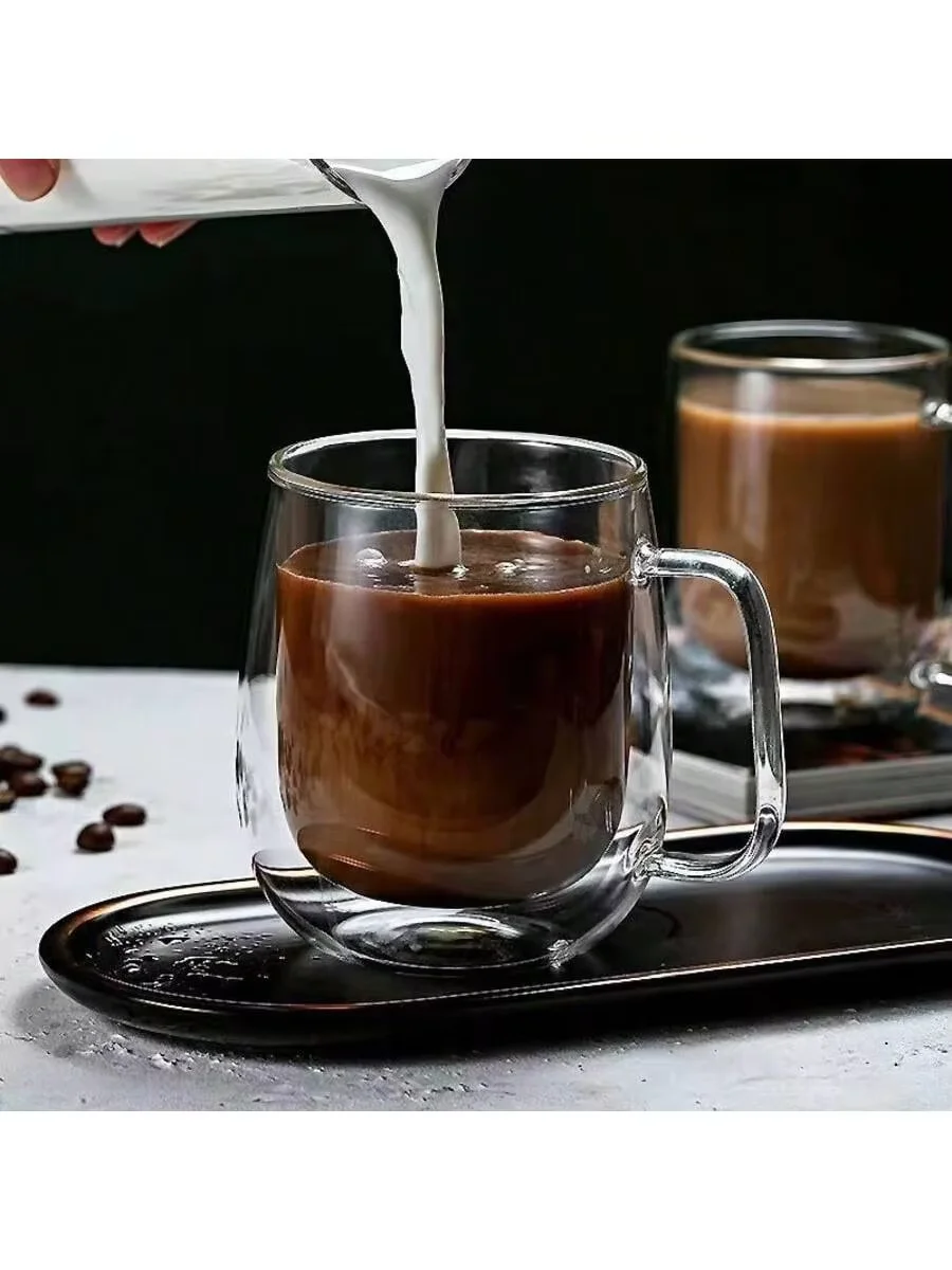 Single Double-Wall High Borosilicate Glass Cup, heat-resistant capacity ranging from 150ml to 350ml. Equipped with handle, this