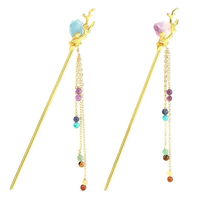 XSM Crystal Hairpin stile cinese Color oro Hair Stick per le donne Hanfu ametista naturale acquamarina 7 chakra nappa Accessorise