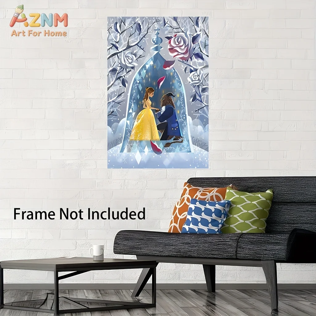 AZNM Disney La Bella y la Bestia Rosa Encantada Escena de Nieve Invernal Arte Impresión Plana 2D Lienzo sin Marco Arte de Pared para Habitación Infantil