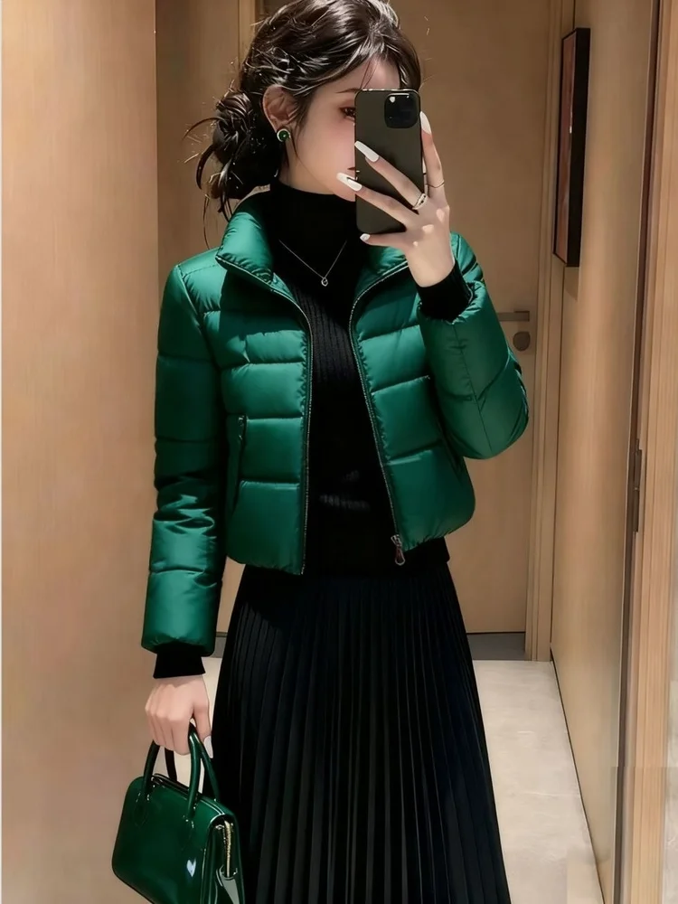 

Женская утепленная короткая куртка Slim Fit из хлопка с зеленым пуховым наполнителем, воротником-стойкой, на молнии, в корейском стиле, теплая, стильная, модная