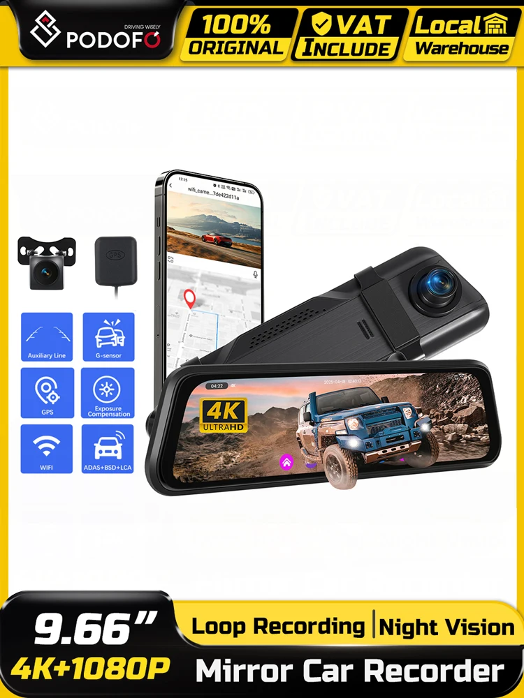 Podofo Auto-Spiegel-Videorekorder Nachtsicht ADAS+BSD Dashcam Front- und Rückkamera Spiegel WIFI Schleifenaufnahme Schwerkraftsensor GPS Parksensor