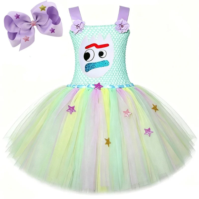 Sparkle Star Pastel Rainbow Voluminous Tutu Dress Little Girls Funny Toy Theme Outfit Suitable for School Performance Clothes