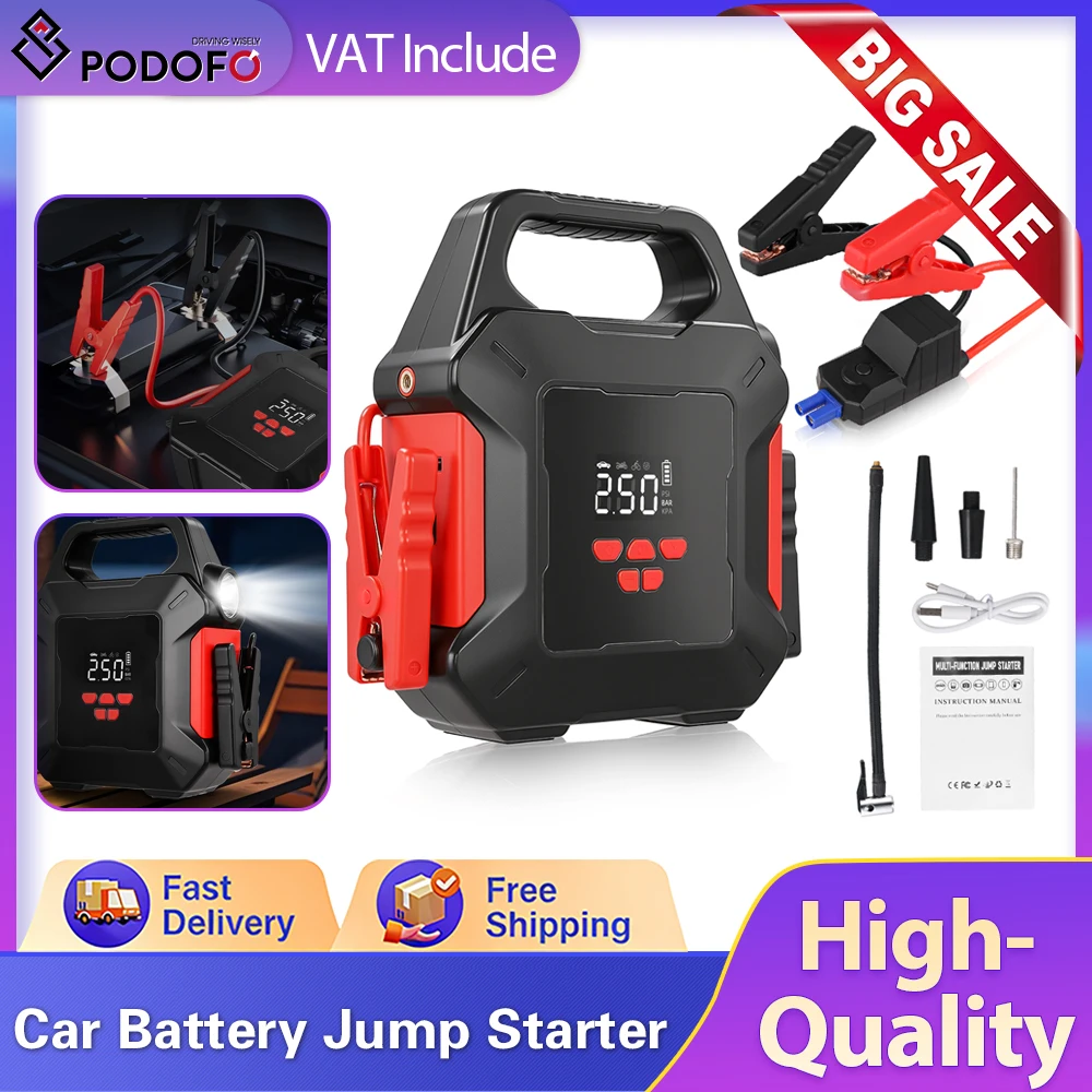 Arrancador de Emergencia para Auto Podofo 16000mAh, Compresor de Aire, Cargador de Batería, Batería Portátil, Banco de Energía