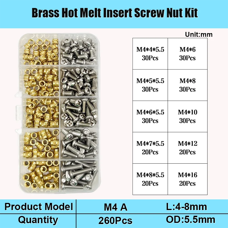 Messing-Einsatzmutter und Schrauben-Sortiment-Set, 260–500 Stück, M2, M3, M4, Hot-Melt-Einsatz, Rändelmutter, Injektions-Einbettungsmutter für 3D-Drucker – Detail 10