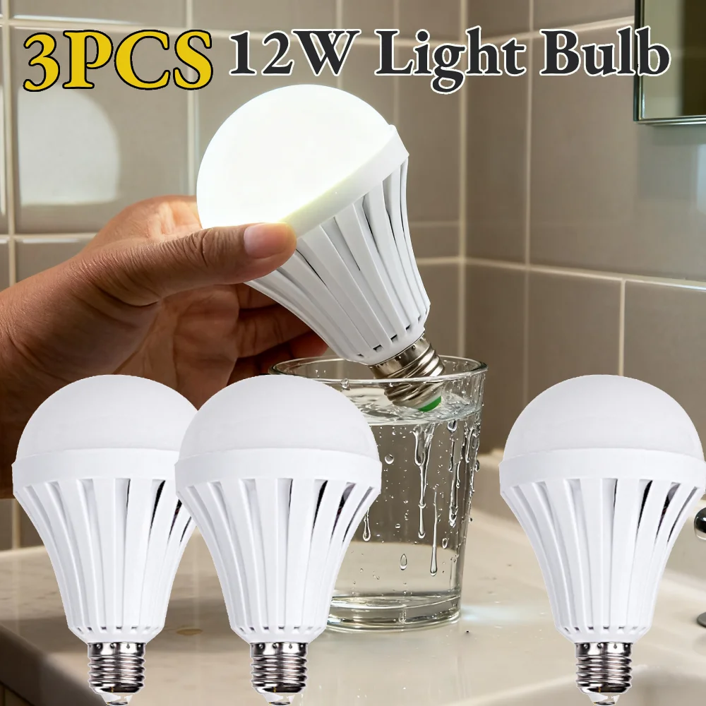 

3Pcs 1-Second Auto-Switch Emergency LED Bulb E27 Rechargeable 12W Water/Handheld Activation for Living Room Bathroom Camping
