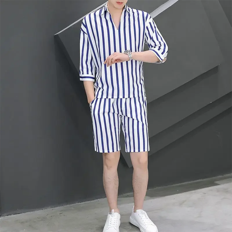 Male T Shirt Short Sets Workout White No Logo Quarter Sleeve 2 Piece Outfit Men\'s Shorts Set Cool Korean Two Novelty in Outfits