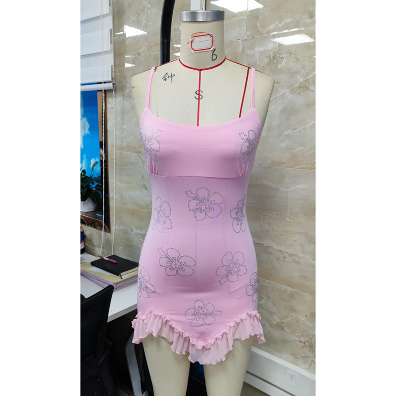 Women Rhinestone Flower Mini Dress Sleeveless Bodycon Cami Dress For Beach Vacation Party Daily Wear Streetwear