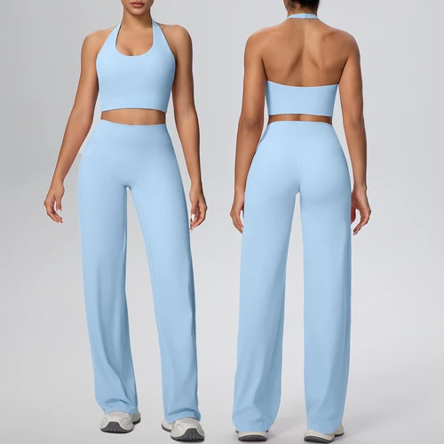 Imagen 1 del producto Conjunto de 2 uds de sujetador y pantalones con cuello colgante y espalda descubierta para mujer, conjunto de Yoga transpirable para verano, deportes de gimnasio, entrenamiento para correr, conjunto de Yoga de gran oferta