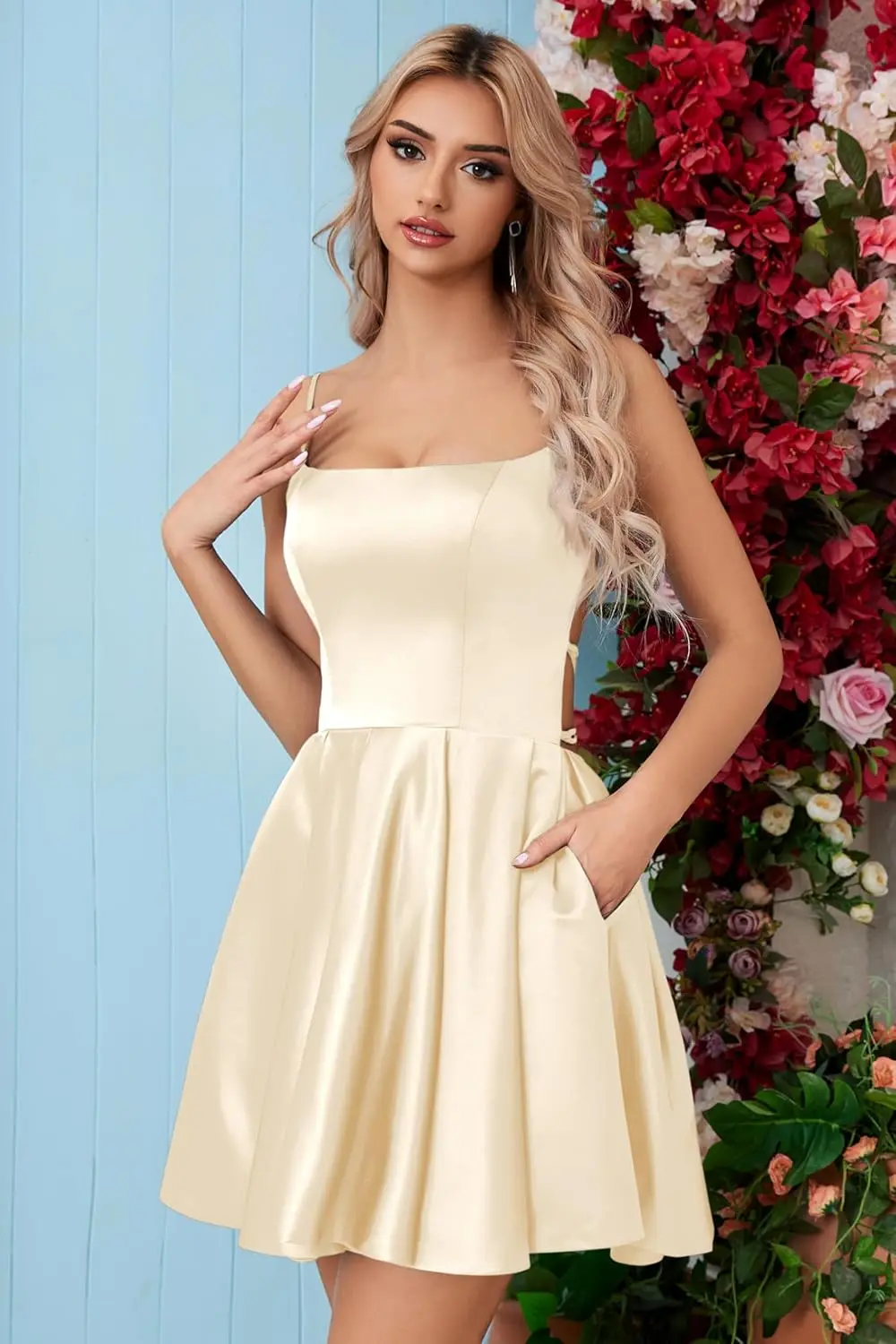 تنورة قصيرة من الساتان على شكل حرف a للمراهقين مع جيوب كتف مكشوفة وحمالات رفيعة للحفلات المسائية فستان قصير للعودة إلى المدرسة