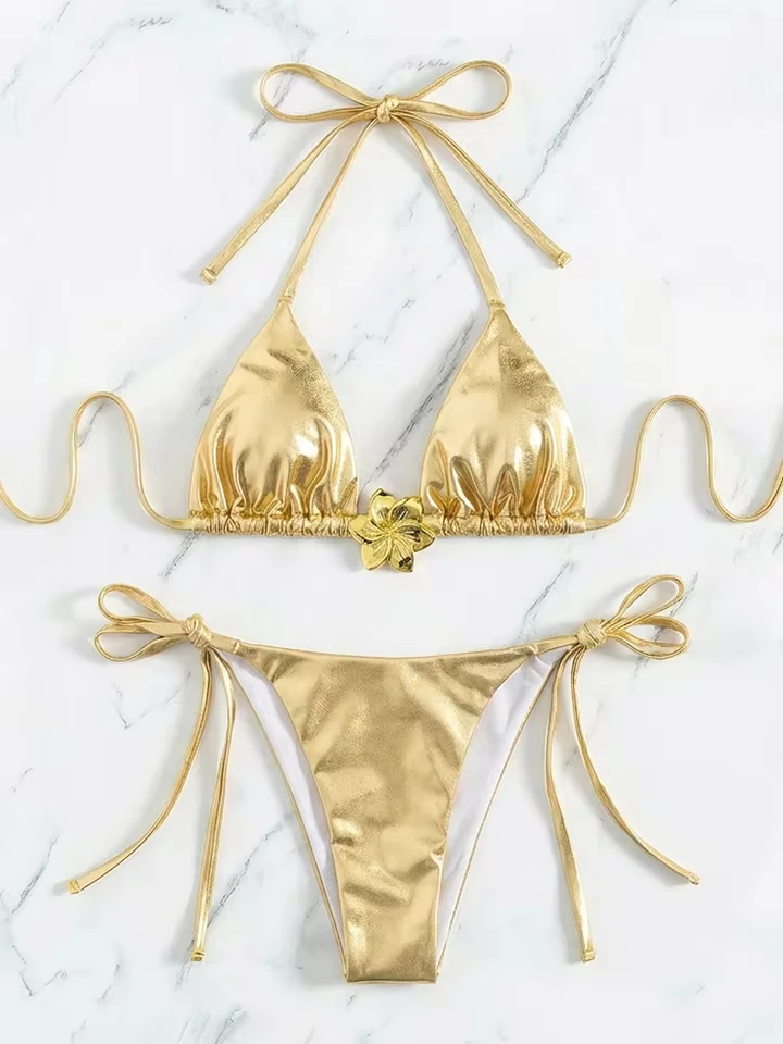 

Vzvn Fashion Sexy Lace Up Golden Bikinis Women Split Swimsuit Beach Bikini 2026 All Season Vacation Backless Bikinis 2 Piece Set