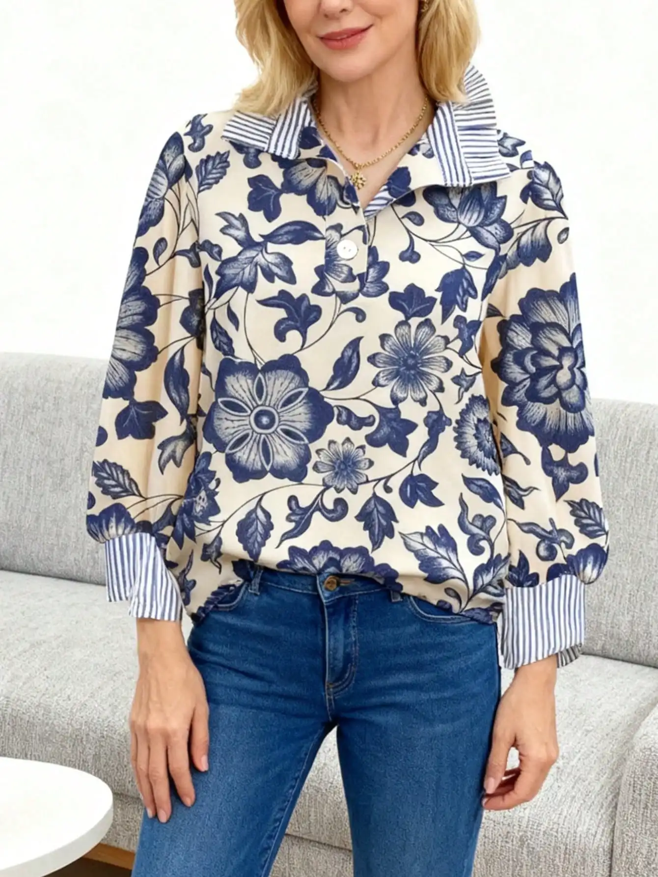 Women's Oversized Floral Print Striped Collar Button-Up Long Sleeve Blouse Casual Spring Summer