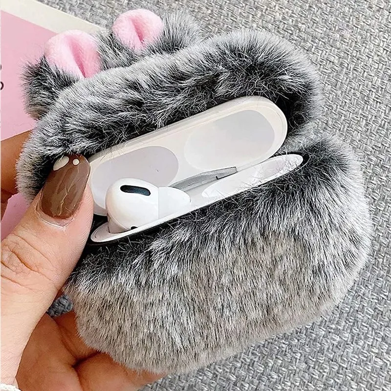 Cute Plush Rabbit Ear Protector Case for AirPods 1 2 Pro Wireless Charging Box Soft Fluffy Plush Protector Cover for Airpods