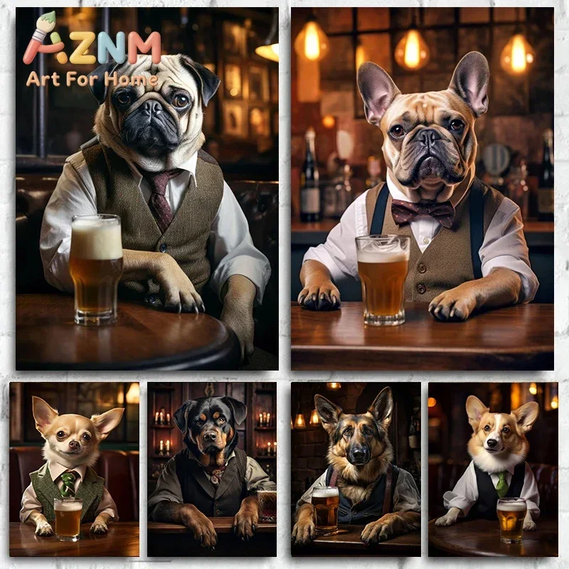 French Bulldog Pug Corgi Dogs in The Pub Poster and Prints Pet and Beer Canvas Painting Wall Art For Bar Club Home Room Decor
