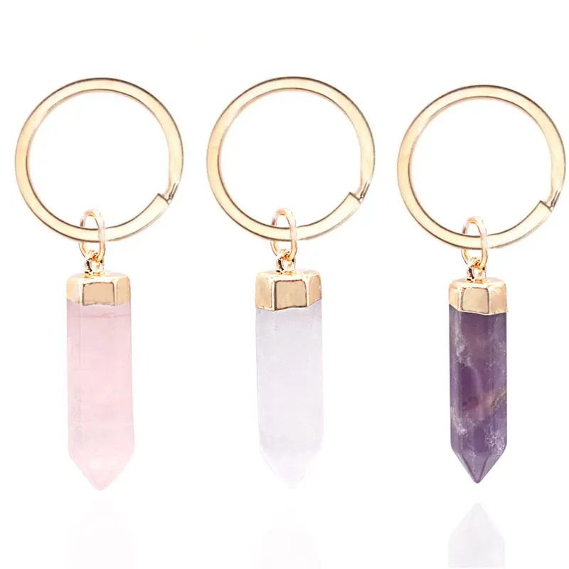 Porte-clés en pierre hexagonale naturelle pour femmes et filles, Quartz Rose, améthyste, cristal, bijoux, cadeau de fête pour amis