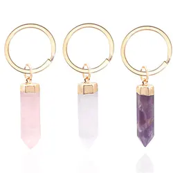 Natural Hexagonal Stone Keychain for Women Girls Rose Quartz Amethyst Crystal Key Chain Jewelry Party Friends Gift