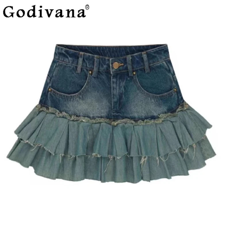 

Y2k Cool Girl Retro Blue High Waist Ruffles Splicing Denim Skirt Summer New Chic A-line Personalized Versatile Pleated Skirts