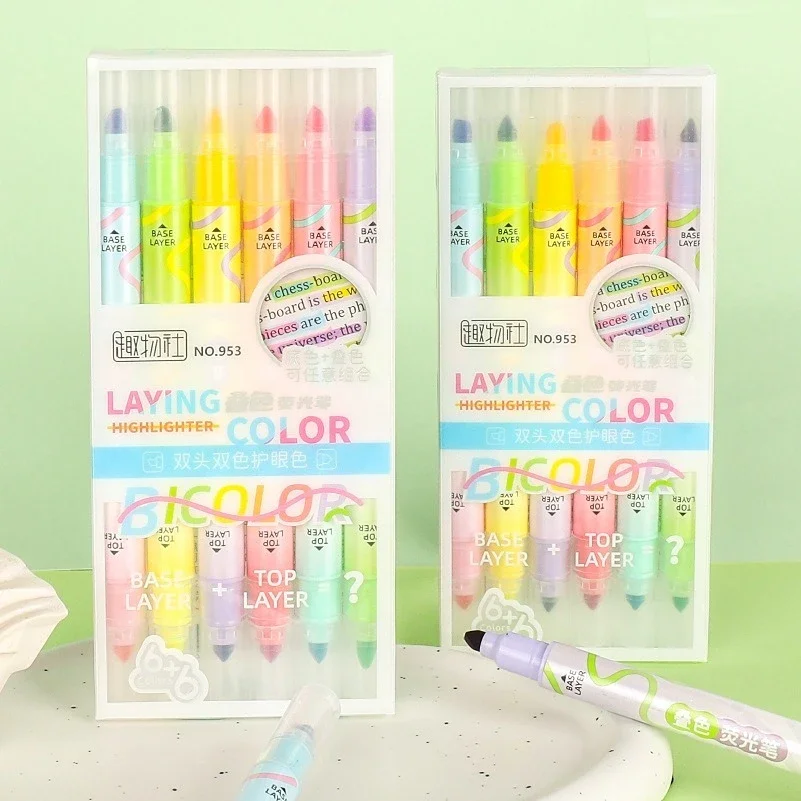 6Pcs Colors Highlighter Magic Stacking Color Changing Highlighter Pen Set Diary Scrapbook Painting DIY Making, Cute Stationery