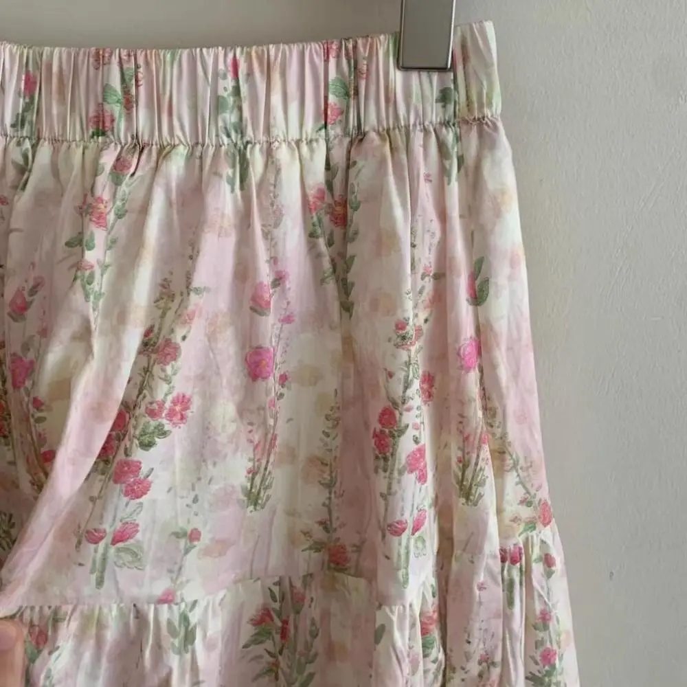 Classic High Waist Floral Long Skirt Women Flower Patchwork High Waist Long Skirt Thin Ins Style A-line Tiered Skirt Party